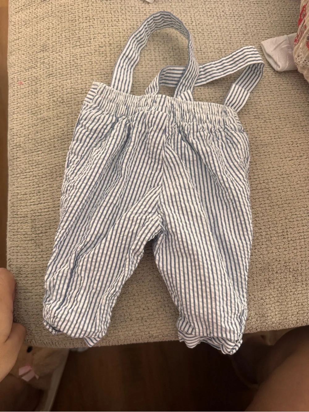 Blue and White Striped Seersucker baby Suspender Pants